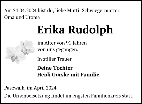 Traueranzeige von Erika Rudolph von Nordkurier Pasewalker Zeitung