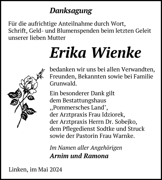Traueranzeige von Erika Wienke von Nordkurier Pasewalker Zeitung