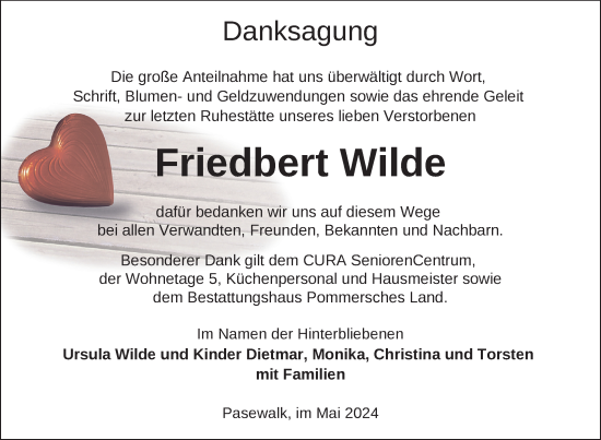 Traueranzeige von Friedbert Wilde von Nordkurier Pasewalker Zeitung