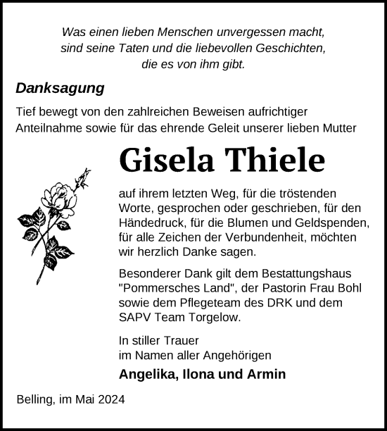 Traueranzeige von Gisela Thiele von Nordkurier Pasewalker Zeitung