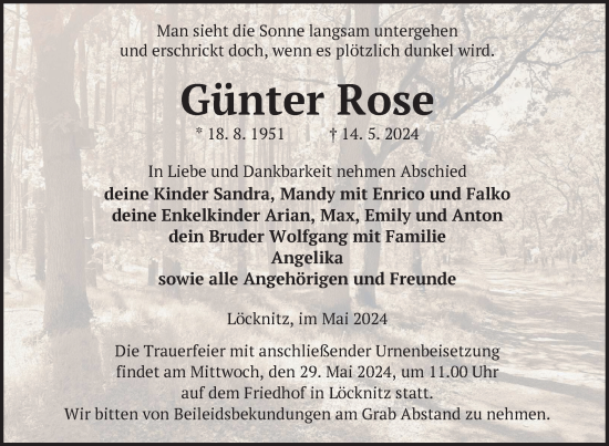 Traueranzeige von Günter Rose von Nordkurier Pasewalker Zeitung