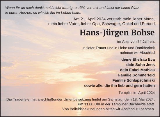 Traueranzeige von Hans-Jürgen Bohse von Uckermark Kurier Templiner Zeitung
