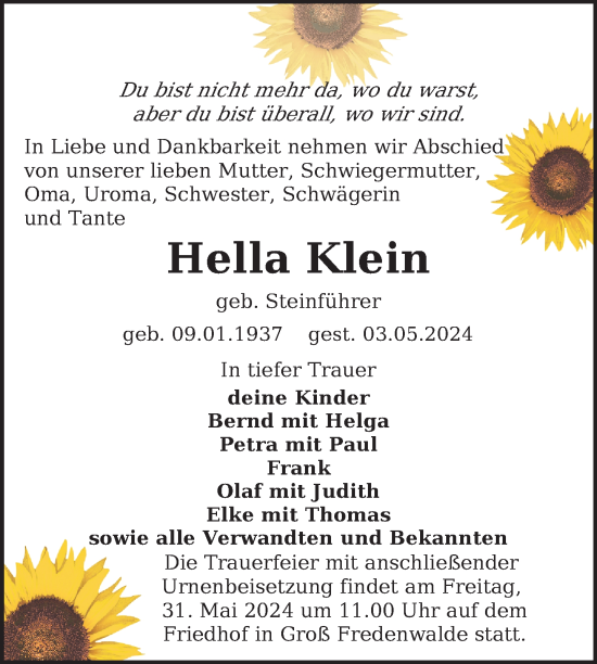 Traueranzeige von Hella Klein von Uckermark Kurier Templiner Zeitung