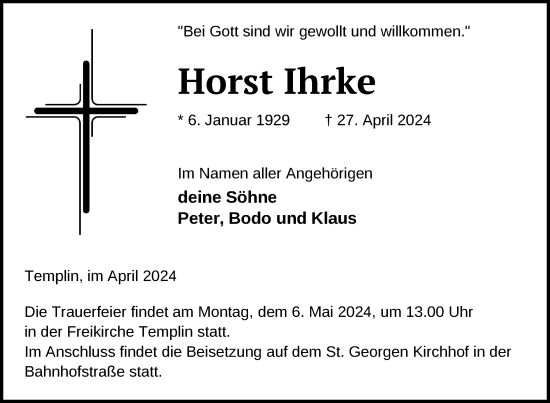 Traueranzeige von Horst Ihrke von Uckermark Kurier Templiner Zeitung