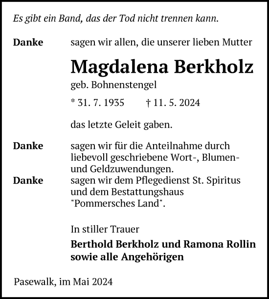 Traueranzeige von Magdalena Berkholz von Nordkurier Pasewalker Zeitung