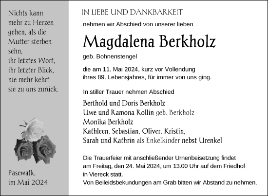 Traueranzeige von Magdalena Berkholz von Nordkurier Pasewalker Zeitung