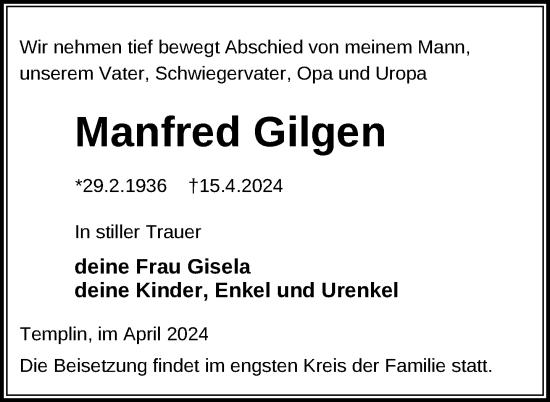 Traueranzeige von Manfred Gilgen von Uckermark Kurier Templiner Zeitung