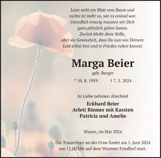 Traueranzeige von Marga Beier von Nordkurier Müritz-Zeitung