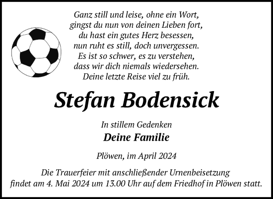 Traueranzeige von Stefan Bodensick von Nordkurier Pasewalker Zeitung