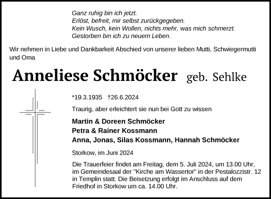 Traueranzeige von Anneliese Schmöcker von Uckermark Kurier Templiner Zeitung