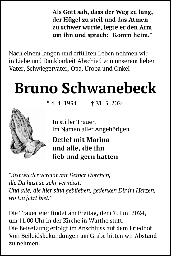 Traueranzeige von Bruno Schwanebeck von Uckermark Kurier Templiner Zeitung