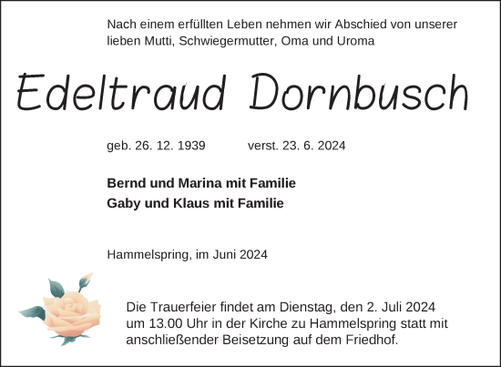 Traueranzeige von Edeltraud Dornbusch von Uckermark Kurier Templiner Zeitung