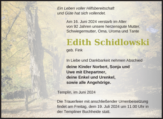 Traueranzeige von Edith Schidlowski von Uckermark Kurier Templiner Zeitung