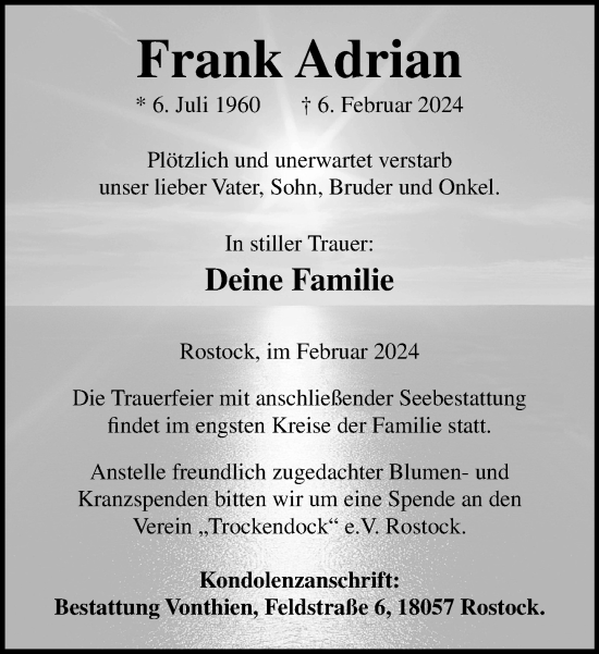 Traueranzeige von Frank Adrian 