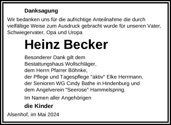Traueranzeige von Heinz Becker von Uckermark Kurier Templiner Zeitung
