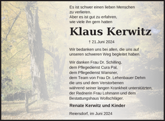 Traueranzeige von Klaus Kerwitz von Uckermark Kurier Templiner Zeitung