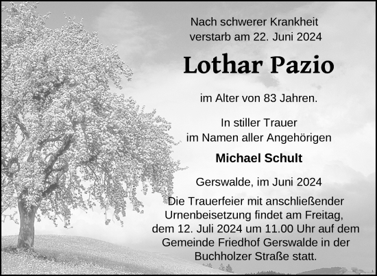 Traueranzeige von Lothar Pazio von Uckermark Kurier Templiner Zeitung