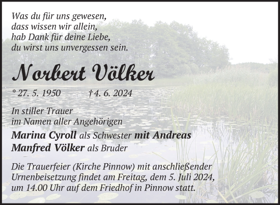 Traueranzeige von Norbert Völker von Uckermark Kurier Templiner Zeitung