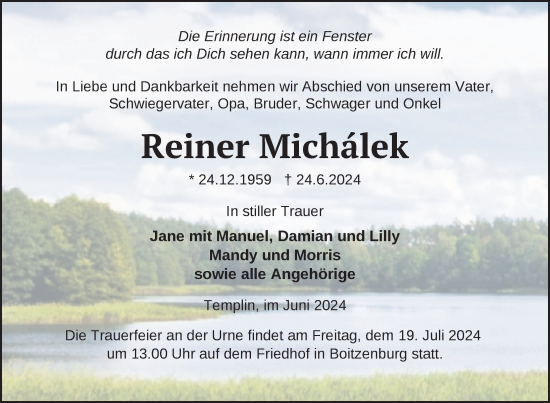 Traueranzeige von Reiner Michalek von Uckermark Kurier Templiner Zeitung