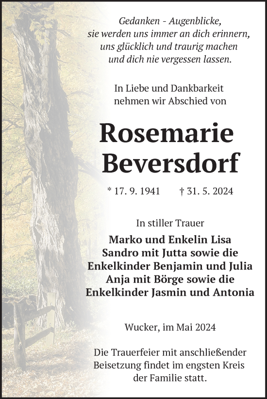 Traueranzeige von Rosemarie Beversdorf von Uckermark Kurier Templiner Zeitung