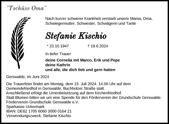 Traueranzeige von Stefanie Kischio von Uckermark Kurier Templiner Zeitung