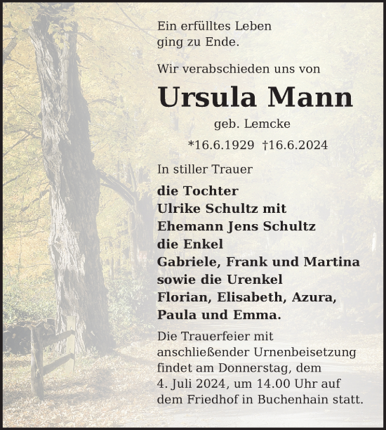 Traueranzeige von Ursula Mann von Uckermark Kurier Templiner Zeitung