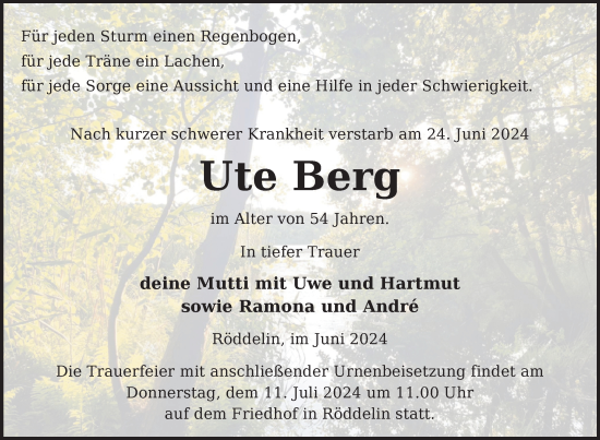 Traueranzeige von Ute Berg von Uckermark Kurier Templiner Zeitung