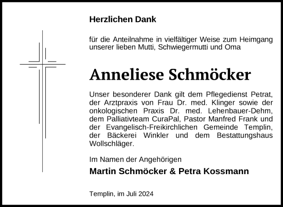 Traueranzeige von Anneliese Schmöcker von Uckermark Kurier Templiner Zeitung