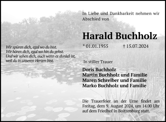 Traueranzeige von Harald Buchholz von Uckermark Kurier Templiner Zeitung