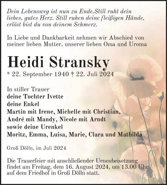 Traueranzeige von Heidi Stransky von Uckermark Kurier Templiner Zeitung