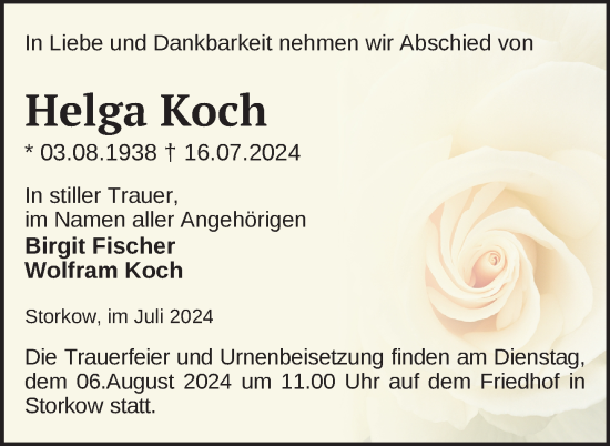 Traueranzeige von Helga Koch von Uckermark Kurier Templiner Zeitung