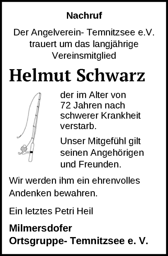 Traueranzeige von Helmut Schwarz von Uckermark Kurier Templiner Zeitung