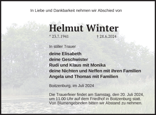Traueranzeige von Helmut Winter von Uckermark Kurier Templiner Zeitung