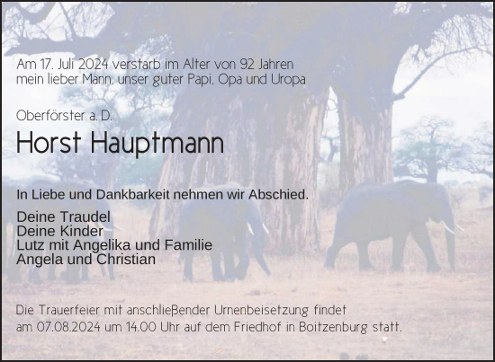 Traueranzeige von Horst Hauptmann von Uckermark Kurier Templiner Zeitung