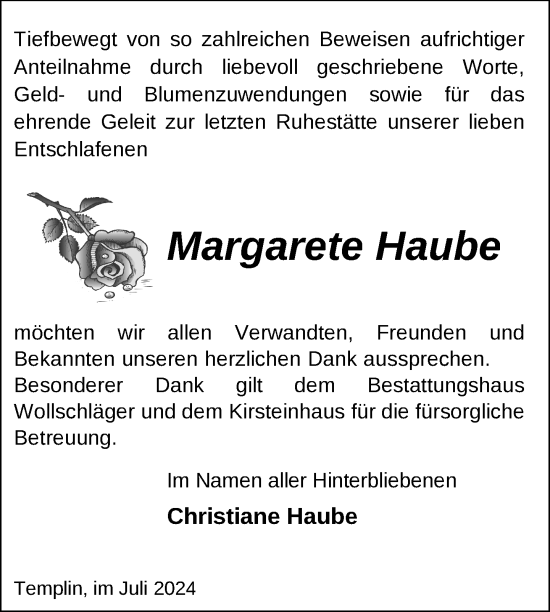 Traueranzeige von Margarete Haube von Uckermark Kurier Templiner Zeitung