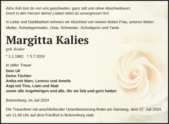 Traueranzeige von Margitta Kalies von Uckermark Kurier Prenzlauer Zeitung