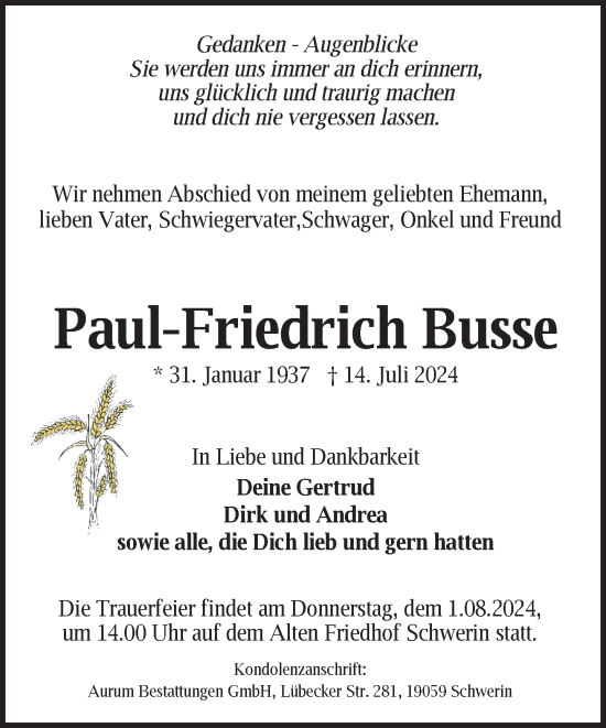 Traueranzeige von Paul-Friedrich Busse von Zeitung für die Landeshauptstadt