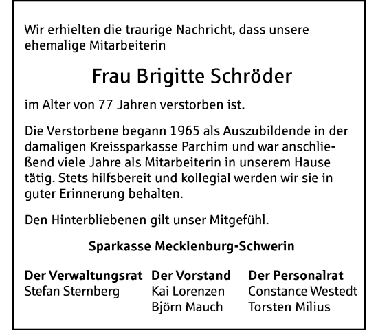 Traueranzeige von Brigitte Schröder von Parchim und Lübz