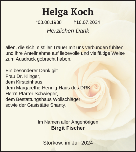 Traueranzeige von Helga Koch von Uckermark Kurier Templiner Zeitung