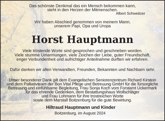 Traueranzeige von Horst Hauptmann von Uckermark Kurier Templiner Zeitung