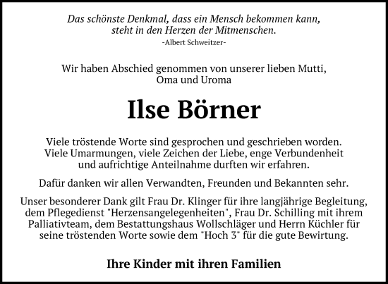 Traueranzeige von Ilse Börner von Uckermark Kurier Templiner Zeitung