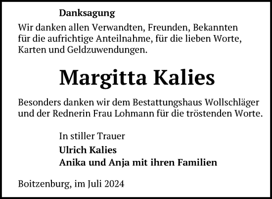 Traueranzeige von Margitta Kalies von Uckermark Kurier Prenzlauer Zeitung