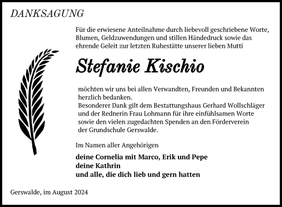 Traueranzeige von Stefanie Kischio von Uckermark Kurier Templiner Zeitung