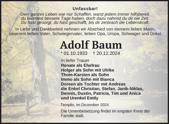 Traueranzeige von Adolf Baum von Uckermark Kurier Templiner Zeitung
