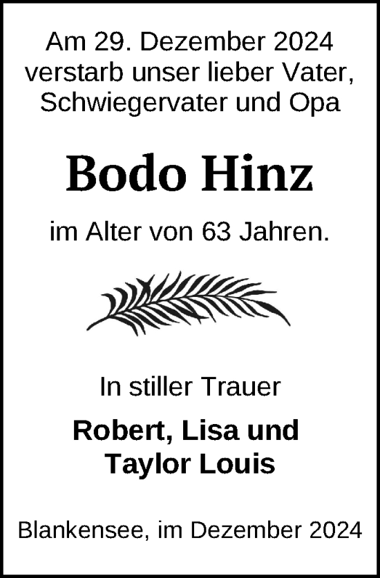 Traueranzeige von Bodo Hinz von Nordkurier Pasewalker Zeitung