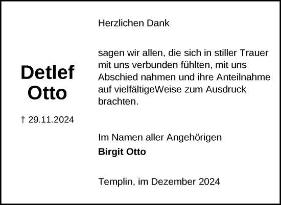 Traueranzeige von Detlef Otto von Uckermark Kurier Templiner Zeitung