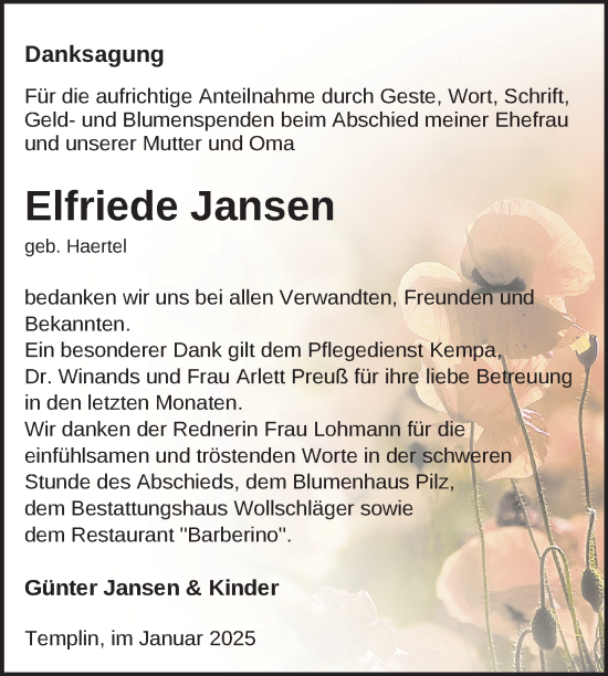 Traueranzeige von Elfriede Jansen von Uckermark Kurier Templiner Zeitung