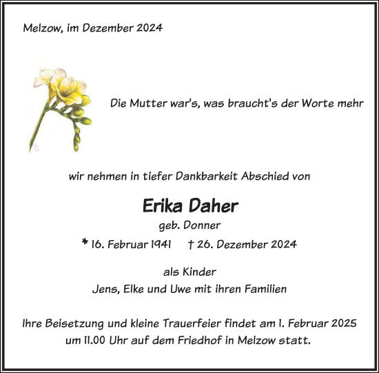 Traueranzeige von Erika Daher von Uckermark Kurier Prenzlauer Zeitung