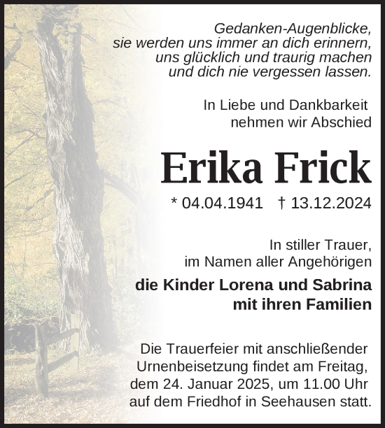 Traueranzeige von Erika Frick von Uckermark Kurier Templiner Zeitung