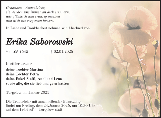 Traueranzeige von Erika Saborowski von Nordkurier Haff-Zeitung